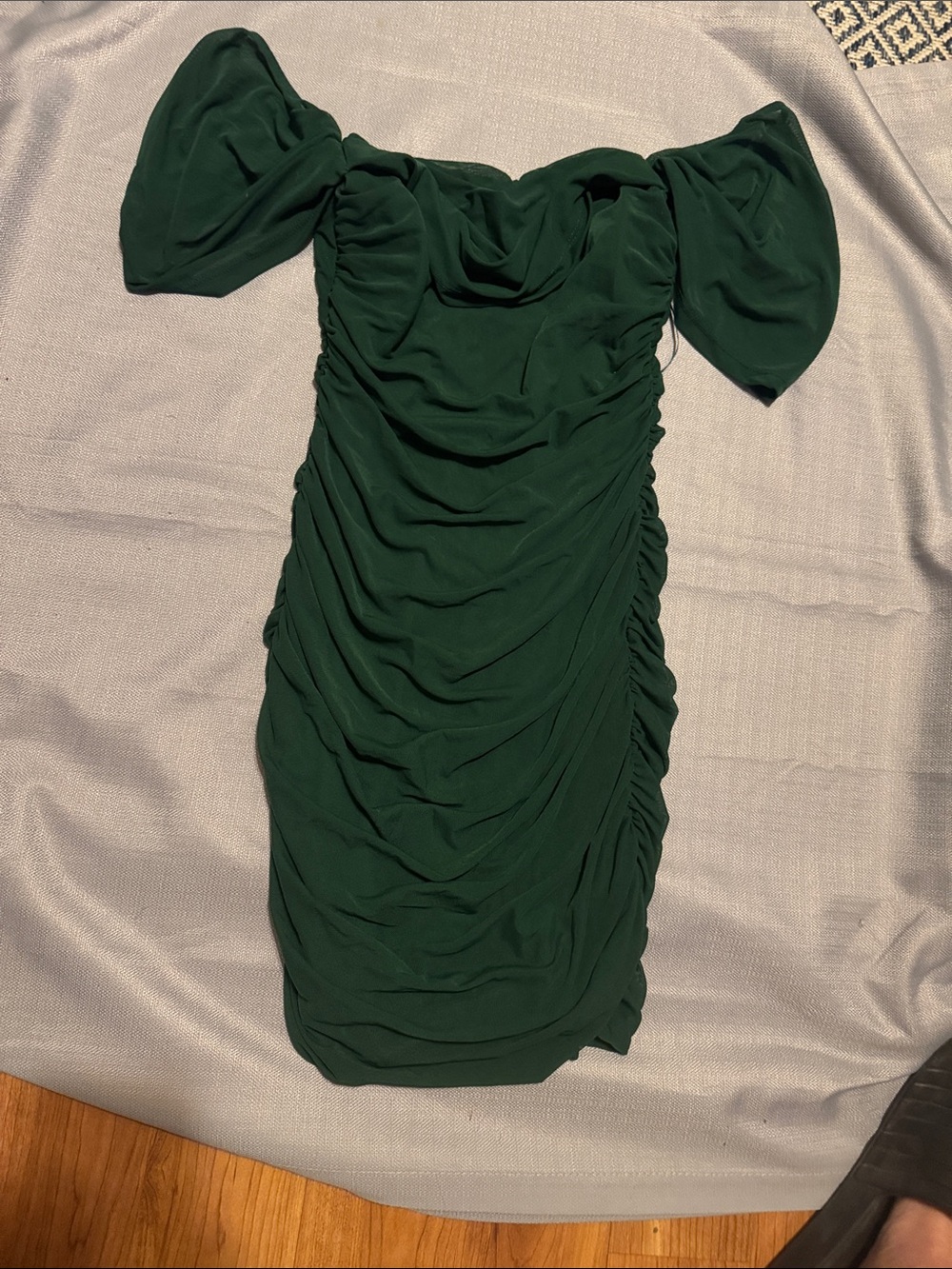 Ruched Off-Shoulder Mini Dress in Forest Green